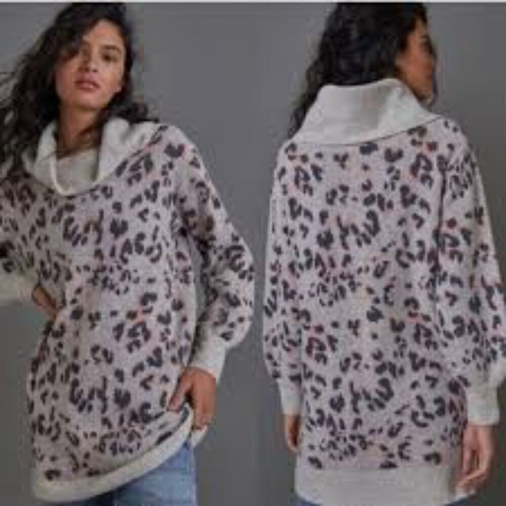 Anthropologie Emma Cowl Neck Wool Blend Sweater  – Cozy Leopard Knit – Size L